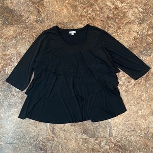 3/$16 Susan Graver Top 3X Layered Ruffles 3/4 Sleeve Stretch Black Slinky Fabric